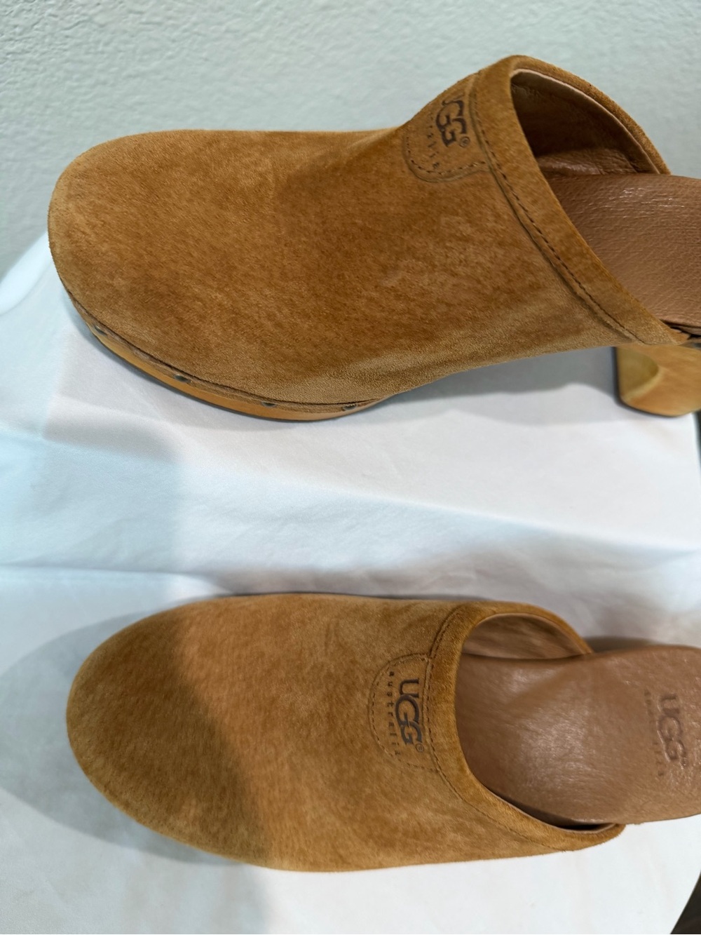 UGG Tan Suede Wooden Heel Clog Mules - Picture 3 of 5